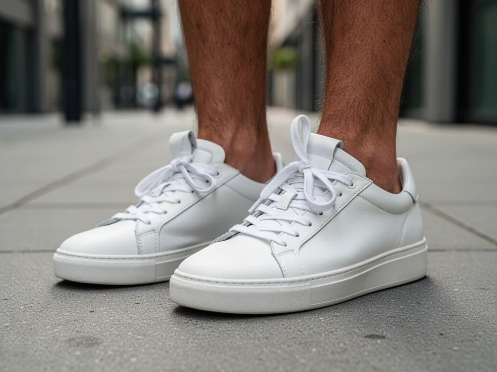 Białe sneakersy z estetycznie schowanymi sznurówkami, prezentujące minimalistyczny i schludny wygląd obuwia.