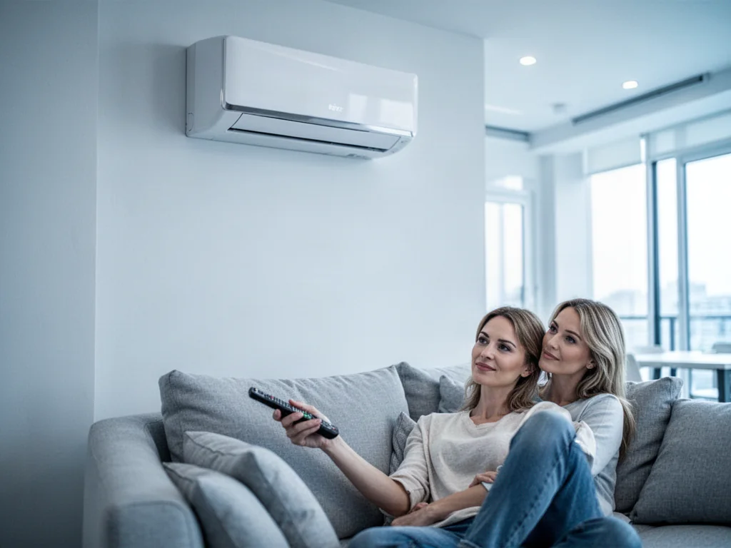 Nowoczesny klimatyzator ścienny zamontowany w jasnym salonie, zapewniający komfortowy wypoczynek na kanapie.