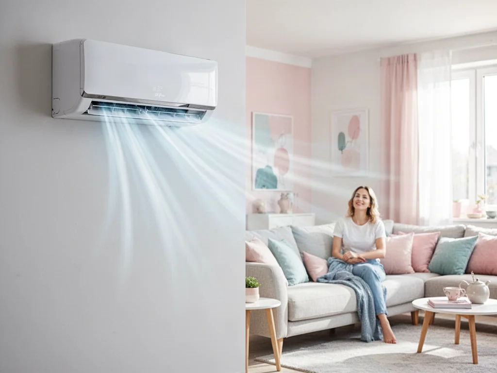 Nowoczesny klimatyzator ścienny w jasnym salonie, w którym kobieta odpoczywa w komfortowych warunkach.